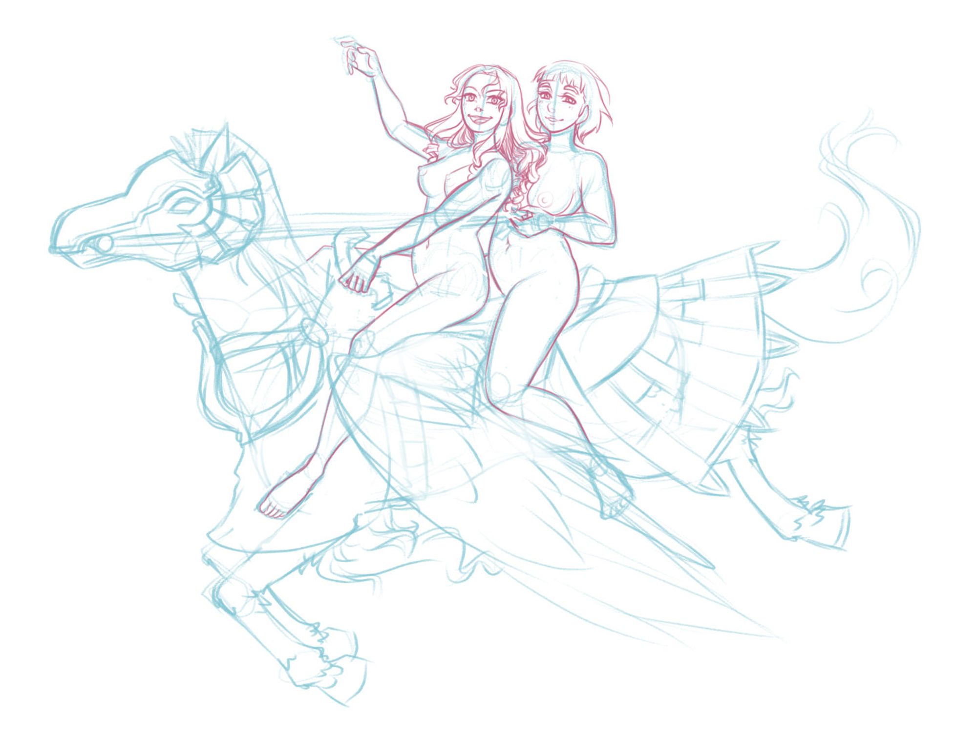 A sketch of Mercedes and Constance from FE3H. They are both naked and riding on a pegasus together.