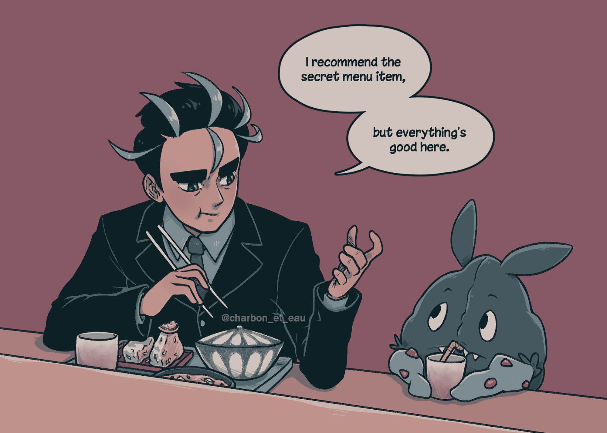 Artwork of Larry and Trubbish from Pokemon. They are both looking at and sitting next to each other at a counter in a restaurant. Larry has a tray of food in front of him and is eating with chopsticks in one hand, while he talks to the Trubbish and gestures with his other hand. The Trubbish only has a cup in front of it and is sipping the drink from a straw. Larry has a speech bubble which says, "I recommend the secret menu item, but everything's good here."