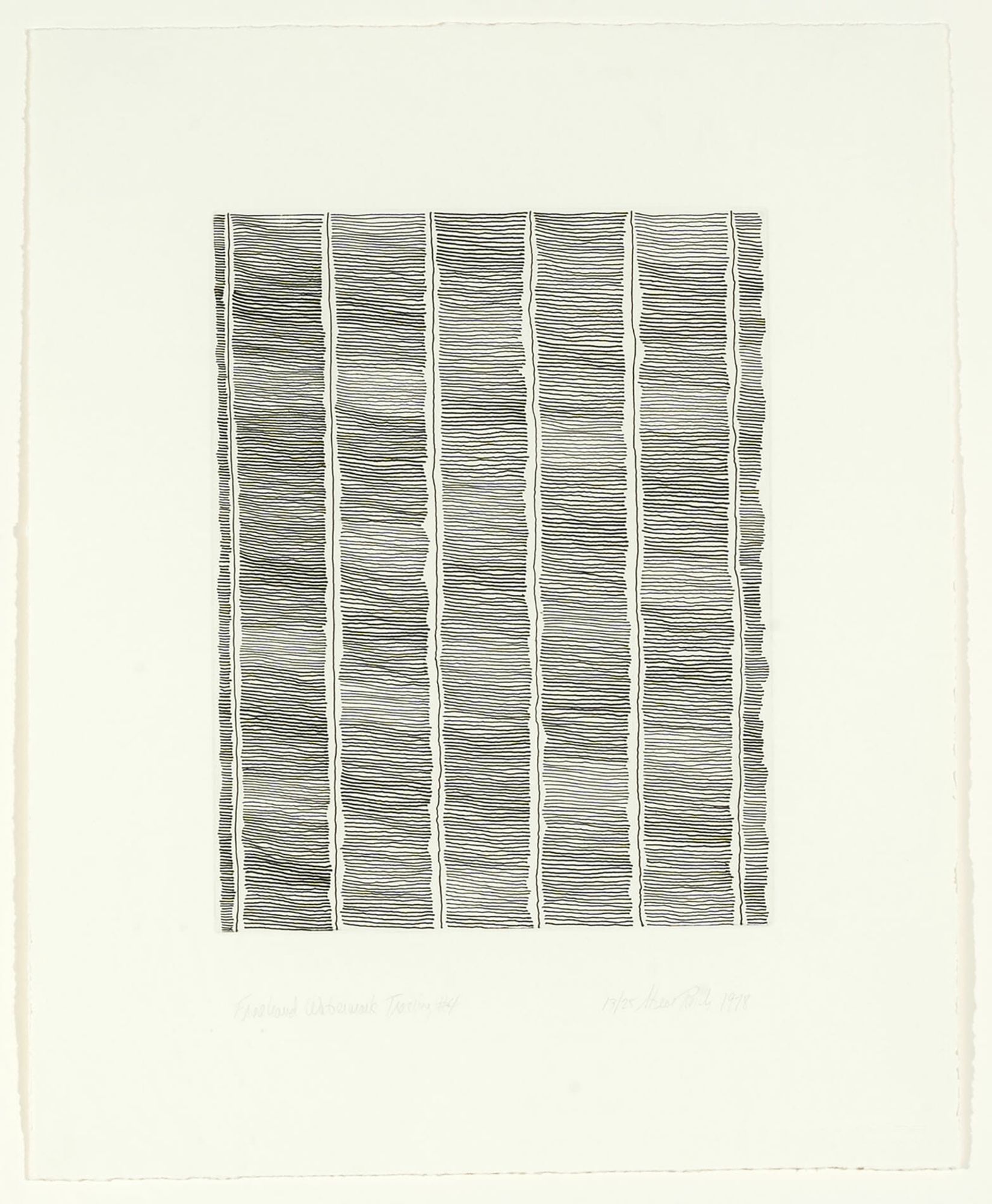 steve reich's freehand watermark tracings are a dense and slightly wobbly mesh of short horizontal lines interspersed with six vertical lines, all the size of an 8.5 x 11 sheet of paper because that is what reich traced from to make this etching, which is printed in black on a larger 17x14 inch sheet of cream colored art paper. via crown point press, c. 1978. from the collection of the madison museum of contemporary art, in this case.