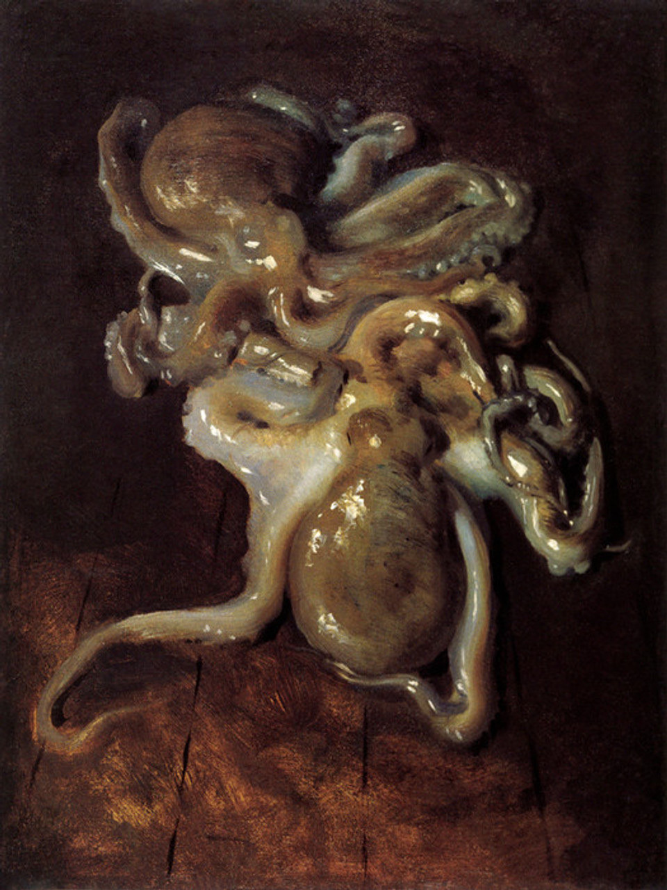 two glistening octopuses in brown, grey, and white, are all arms intertangled on a brown and black wood deck in a scene that feels honestly a little invasive to watch, maybe give them some privacy, but that's just how john singer sargent painted them in 1875, when he was 19, and visiting brittany for the summer, dreaming of painting and maybe hanging with a local fisherman, instead he was stuck with his lame family ugh