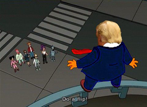 Cartoon: overhead view of Dictator-in-Chief (President Trump) standing on the edge of the Whitehouse roof, arms stretched out at his side, tiny fingers splayed, looking down in a small crowd of onlookers. 
The caption at the bottom of the cartoon reads “Do a flip!” 

😅😂🤣