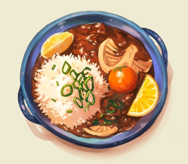 A warm dish with mushroom stew and rice, garnished with Lemon, herbs and tomato 