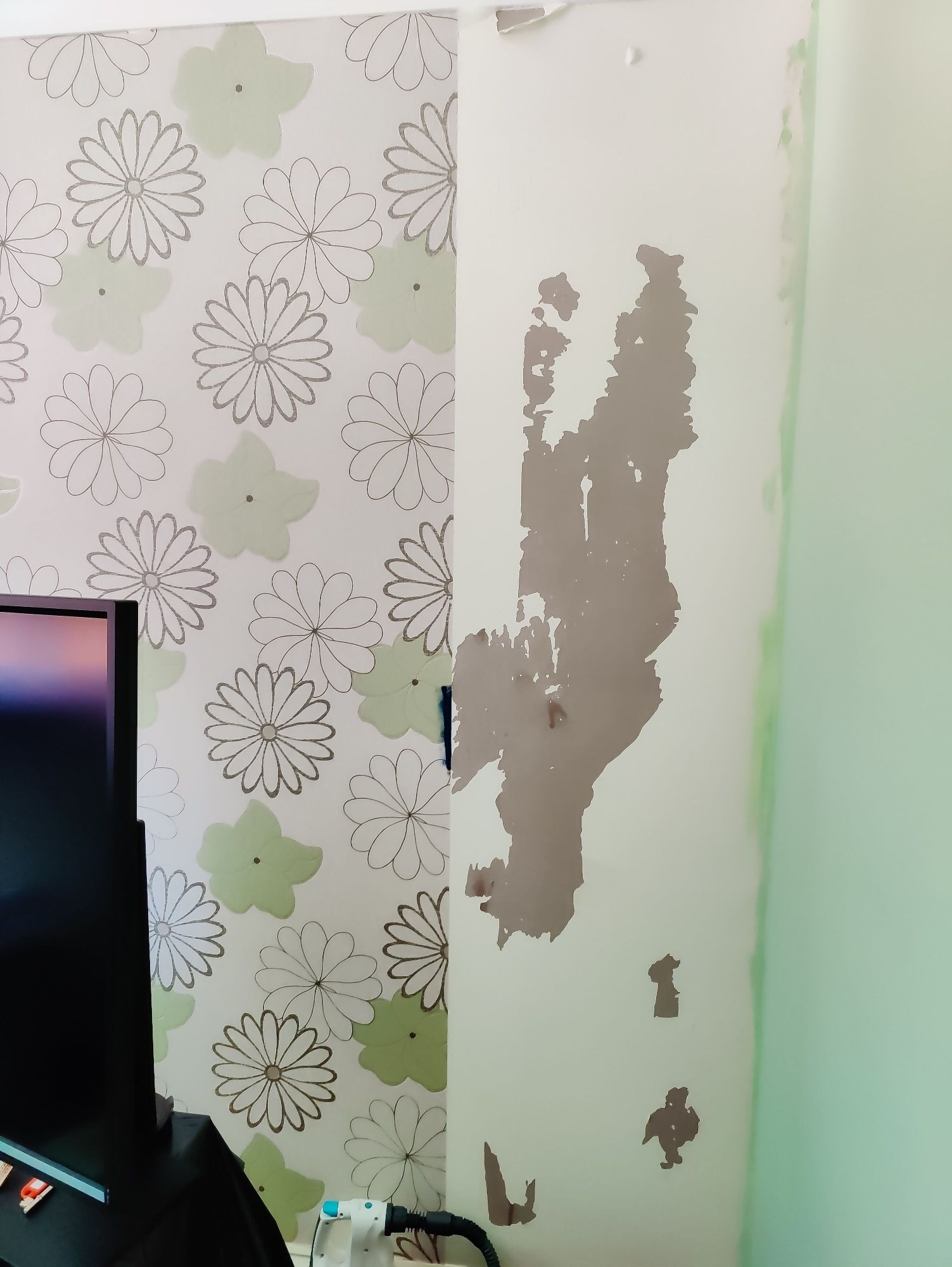 A wall with flowery wallpaper, some of it stripped off.