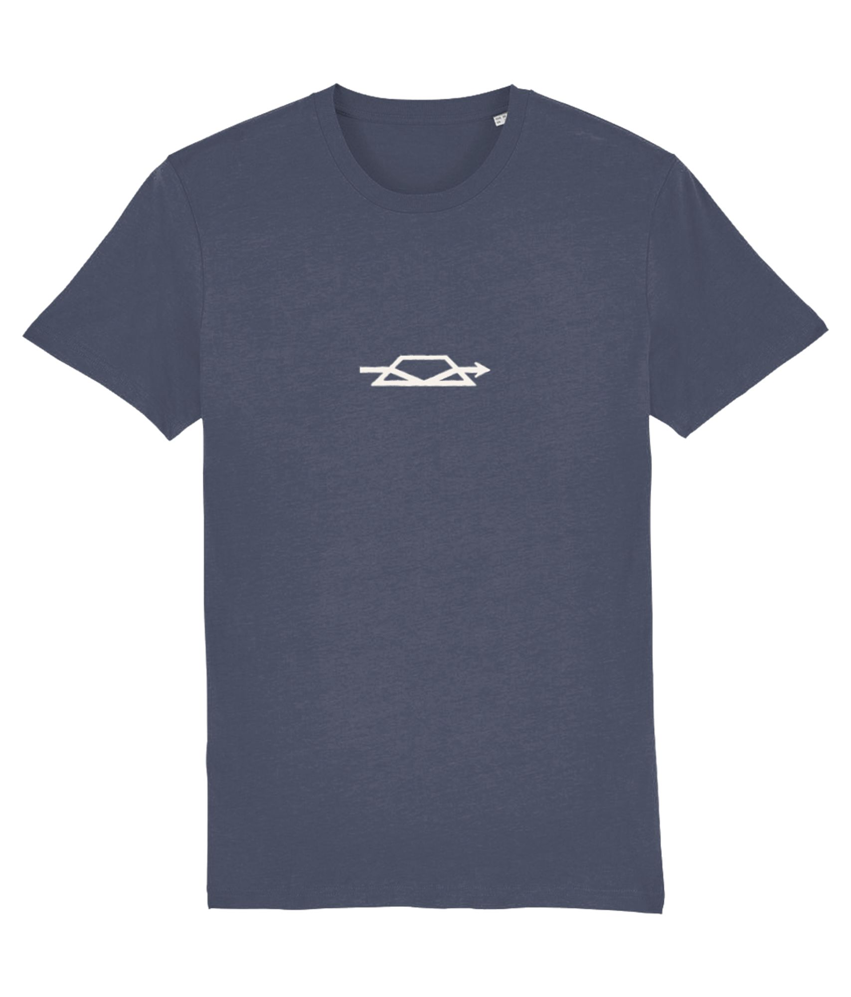 A dark blue t-shirt with a KMZ (old Soviet camera brand) logo in the middle of the chest. The logo represents a dove prism with a single beam of light passing through it, with an arrow one end of the beam.