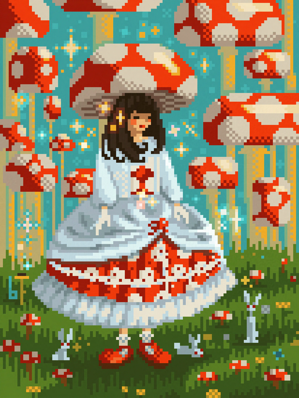 pixel art of a girl wearing a mushroom hat, towering mushrooms around her, little rabbits and mushrooms gather at her feet