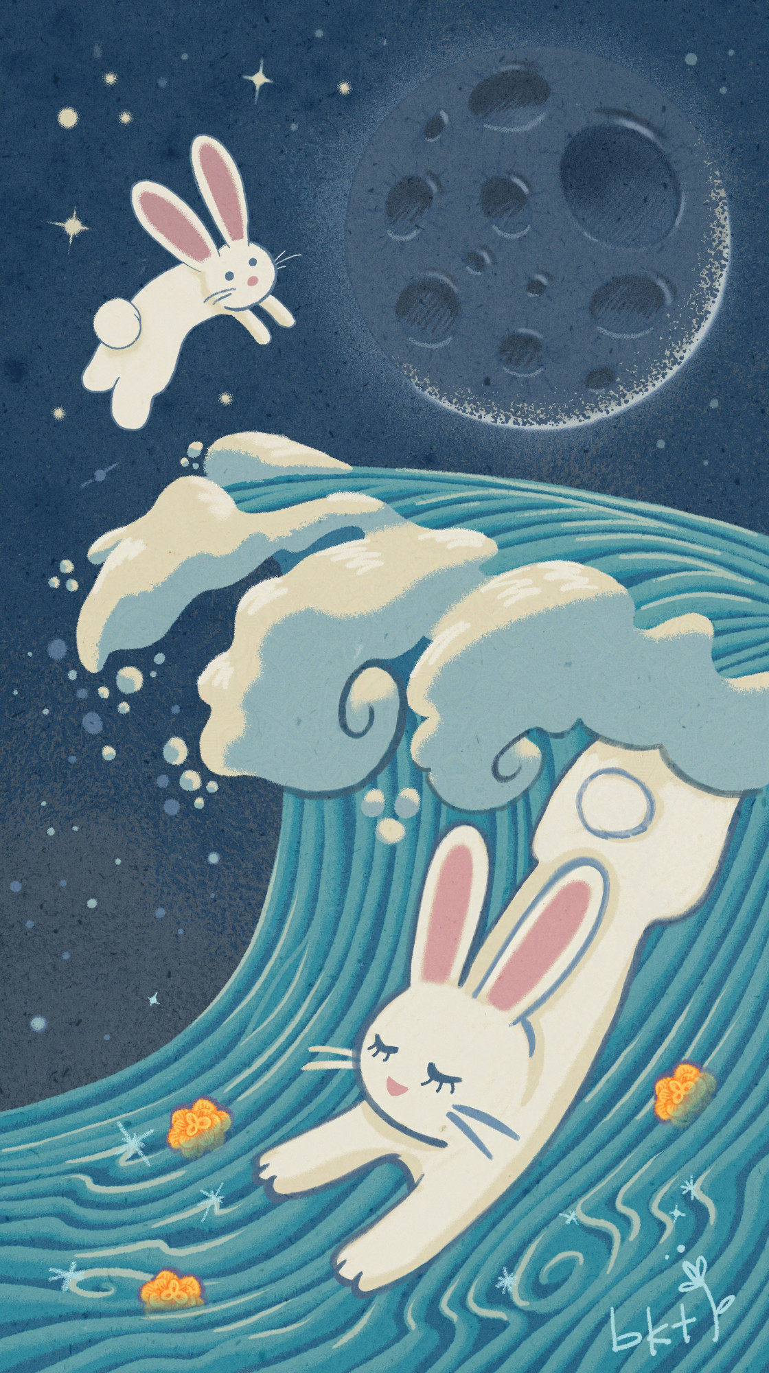 digital art of a rabbit diving with a wave, another rabbit jumping over the wave, the new moon above  