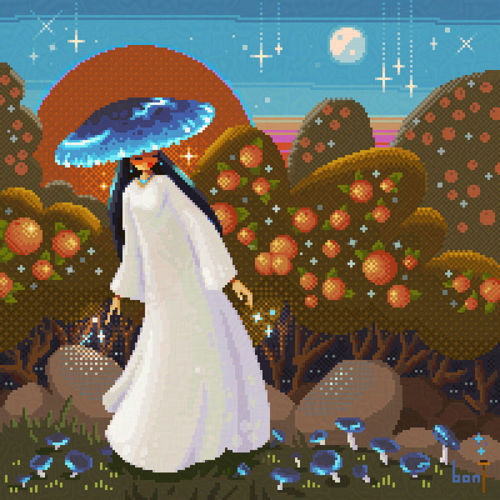 pixel art of a mushroom queen and her little mushrooms, behind her is a grove of oranges and a red sun