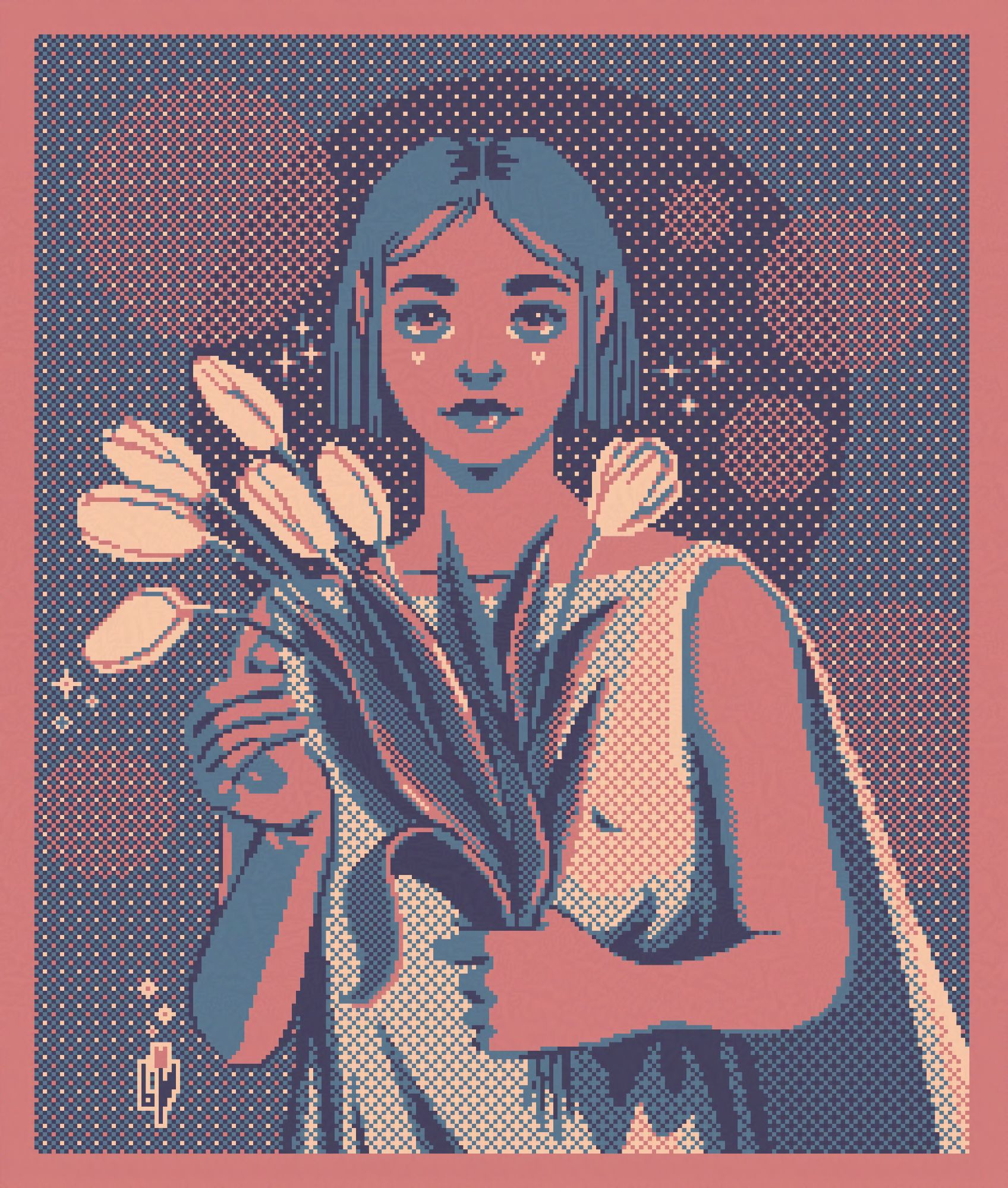 pixel art of a woman holding tulips