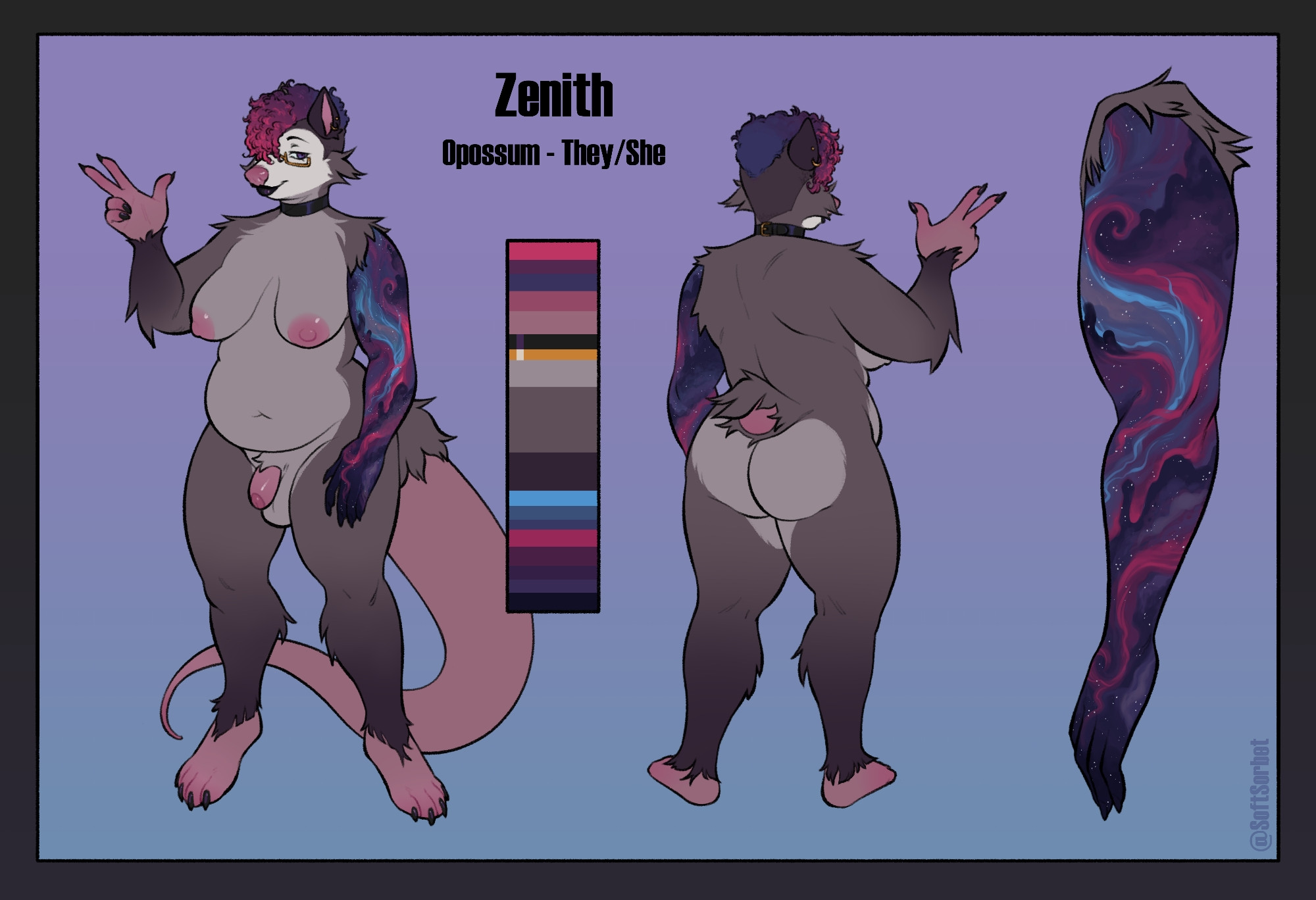 A nude ref sheet for my opossum fursona named Zenith. They have Grey fur, curly purple and pink hair, and a left arm that has swirling dark blue, pink, and purple  colors representing space.