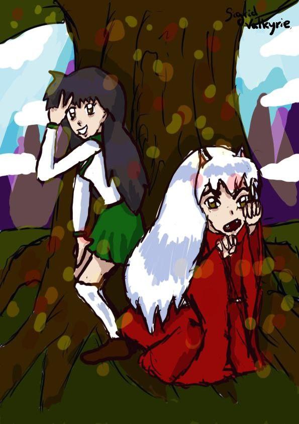 Kagome haciendo el signo de la victoria e InuYasha gruñendo y enseñando las garras. Detrás un árbol y tras este montañas.