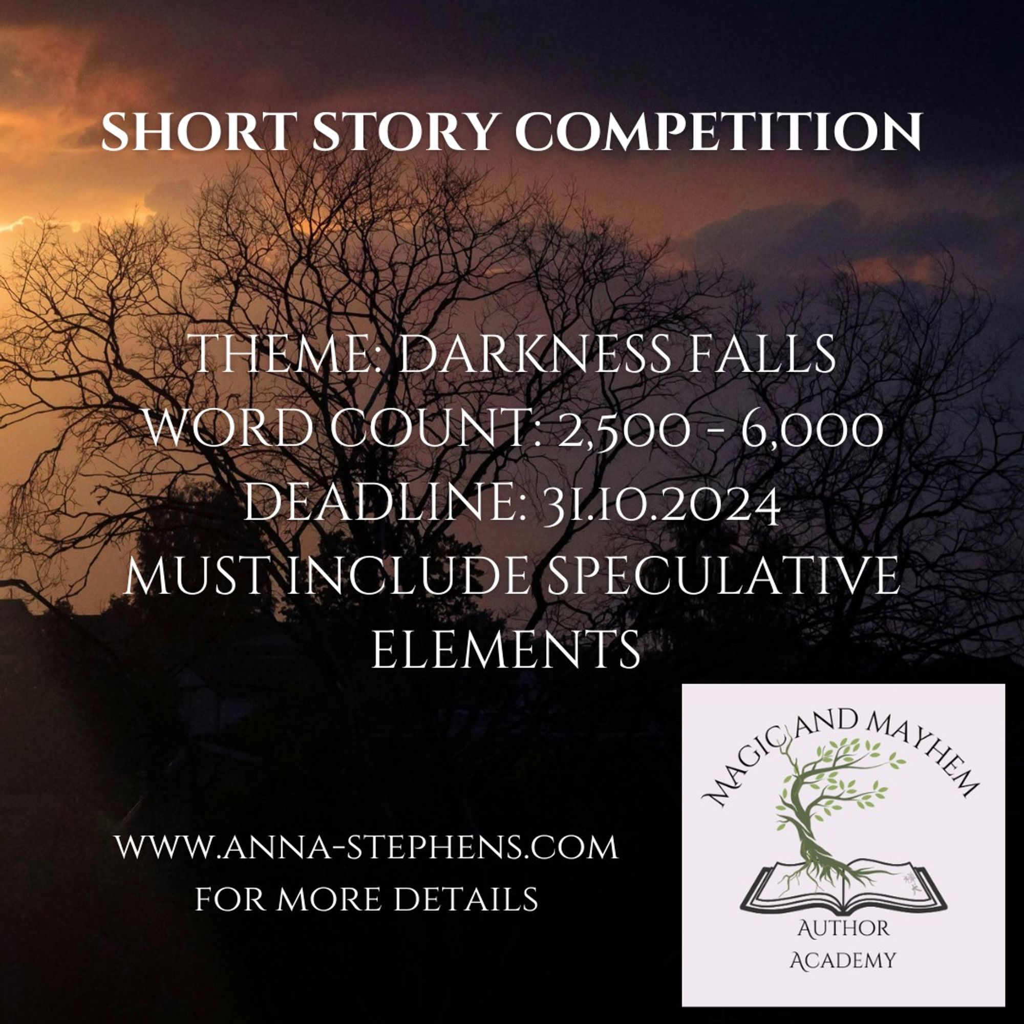 Short story competition
Theme - darkness falls
word count - 2500 - 6000
deadline - 31.10.2024
Must include speculative elements