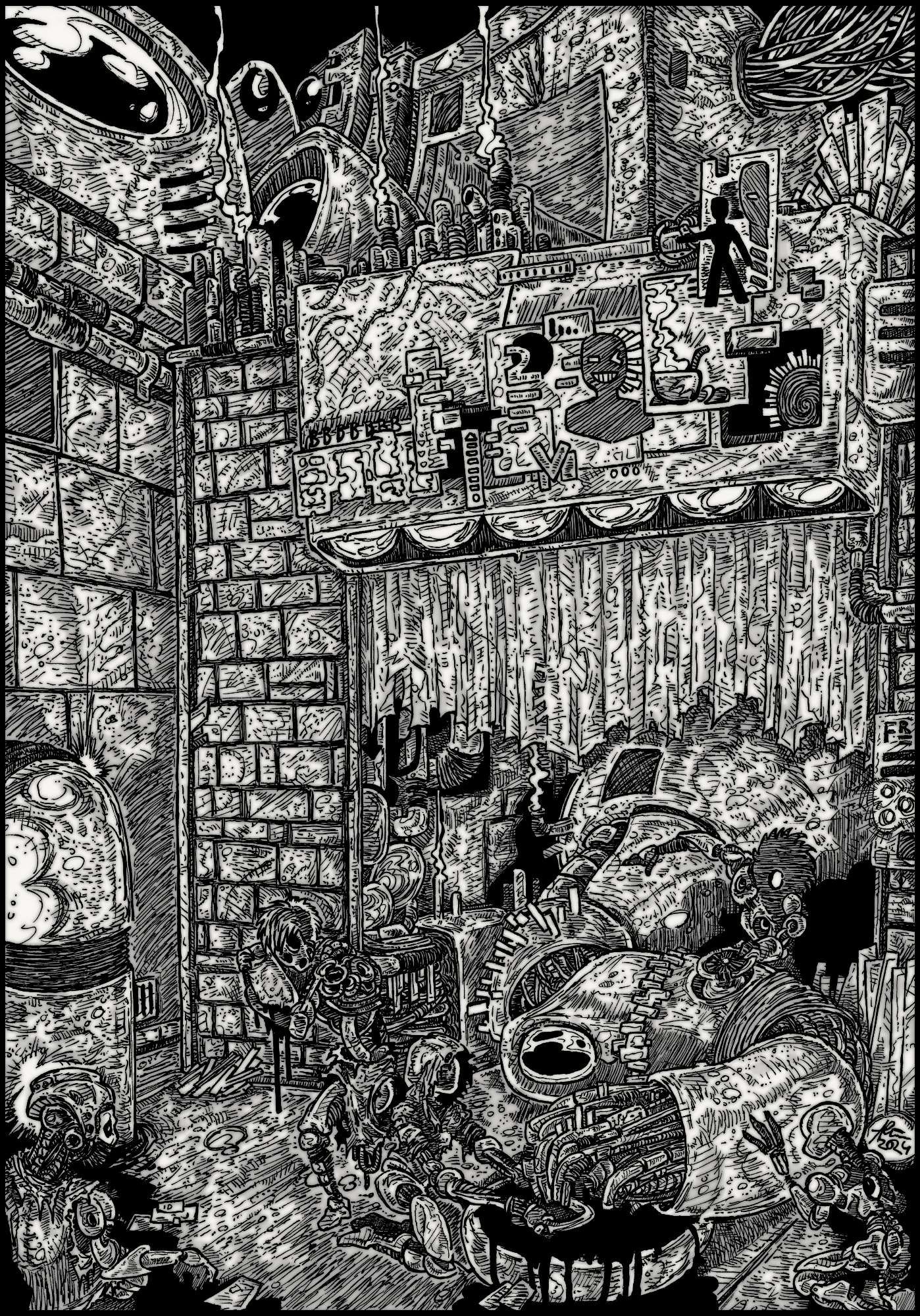 A black and white drawing.

The illustration shows a run-down brick building with a large, open garage-type door.
Inside the building is a machine with a large pipe protruding from it that pumps a black liquid into a tub outside.
The machine is operated by a robot whose face is hidden in shadow. Several other humanoid robots surround the machine, one of them trying to scoop out some of the liquid with a bowl.
In the background, larger, more modern-looking buildings can be seen towering over everything.