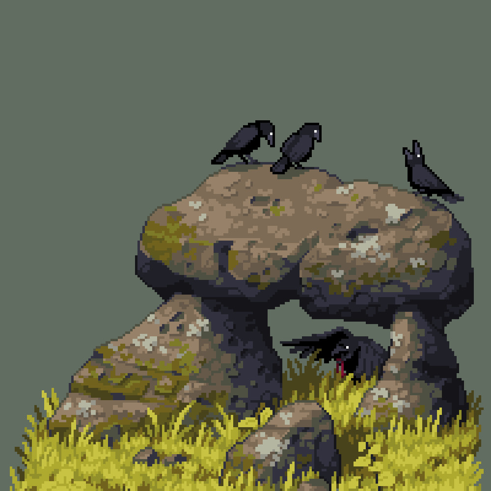 Pixel art dolmen with crows