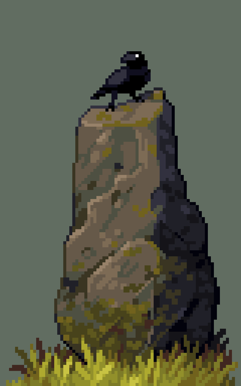 Pixel art standing stone with crow