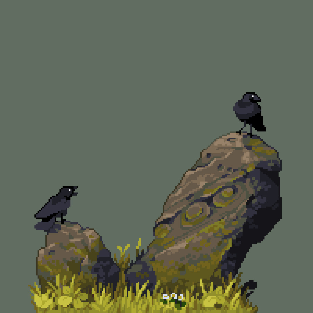 Pixel art standing stones with crows