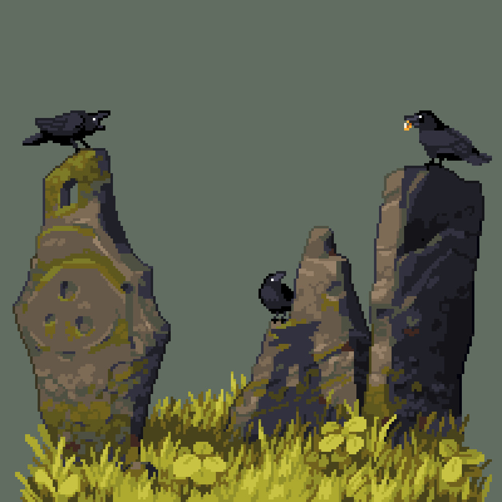 Pixcel art standing stones with crows