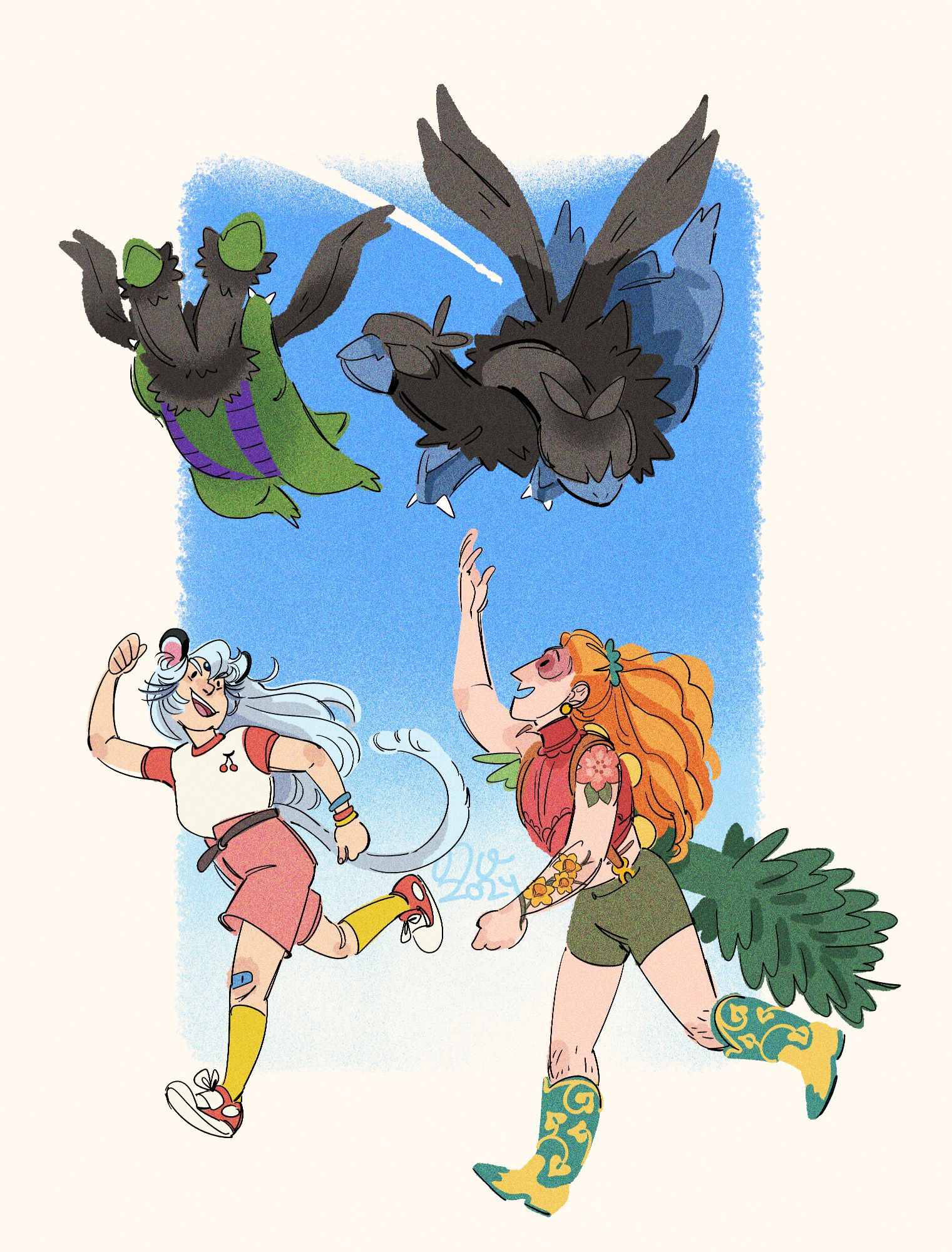 Fan art: two women run underneath their Zweilous, a dragon Pokemon with two heads, fat bodies and small wings. The Pokemon fly clumsily above. The woman on the left has the ears, whiskers and tail of an Alolan Persian. The woman on the right has the tail and seeds of a Sceptile. They're laughing and encouraging their dragons to keep flying.