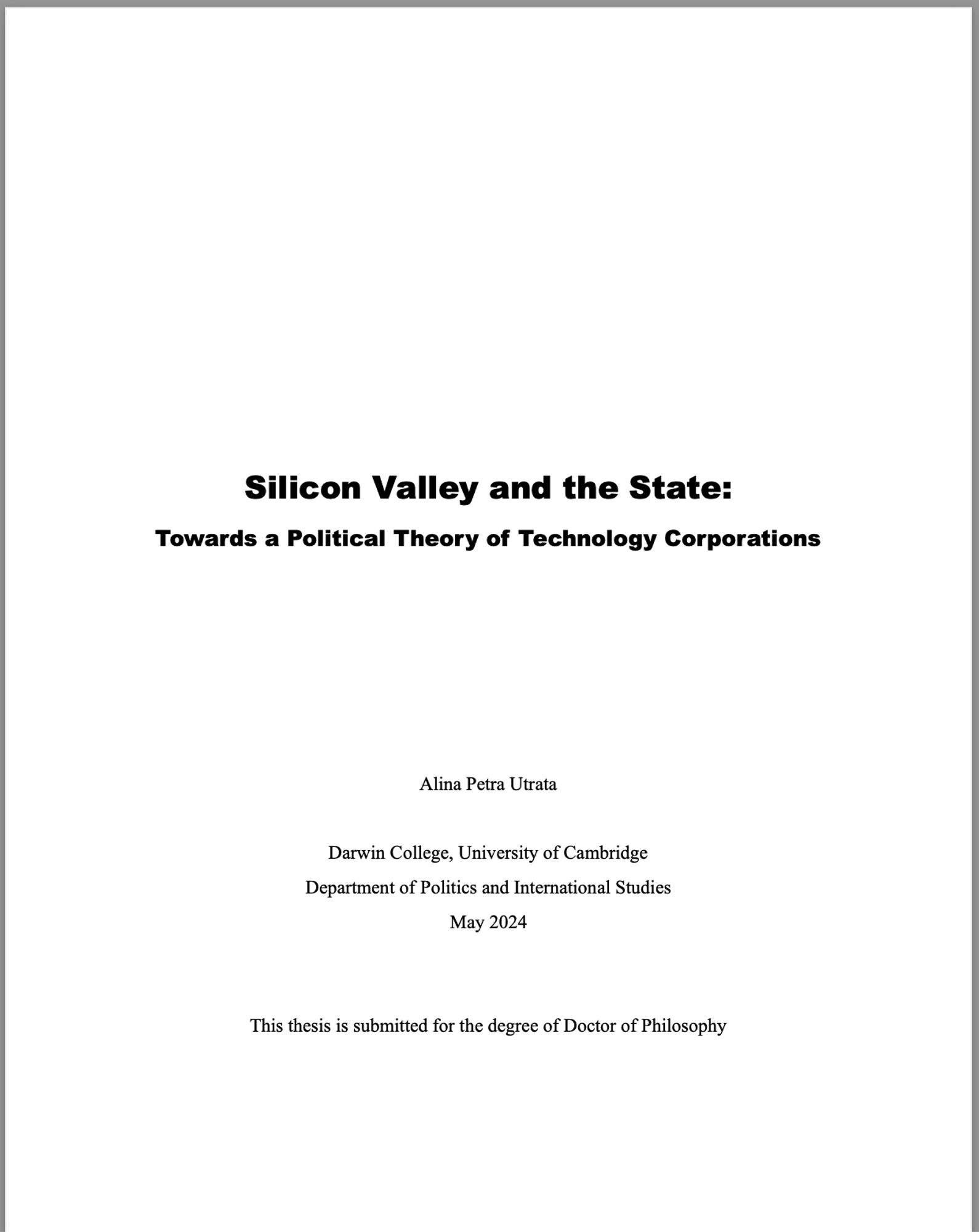 Title page of my thesis entitled "Silicon Valley and the State: Towards a Political Theory of Technology Corporations"