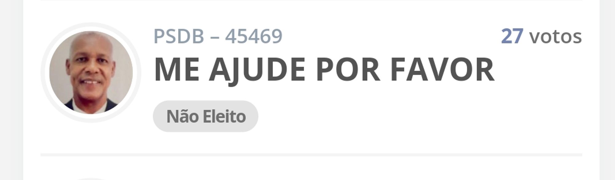 Destaque de um vereador com nome "Me ajude por favor", que recebeu apenas 27 votos e é indicado como "não eleito"