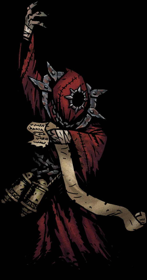 The necromancer, a tall and skeletal figure wearing red robes and a hood 