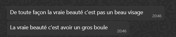 Whatsapp, messages entrants
De toute façon la vraie beauté c'est pas un beau visage
La vraie beauté c'est avoir un gros boule