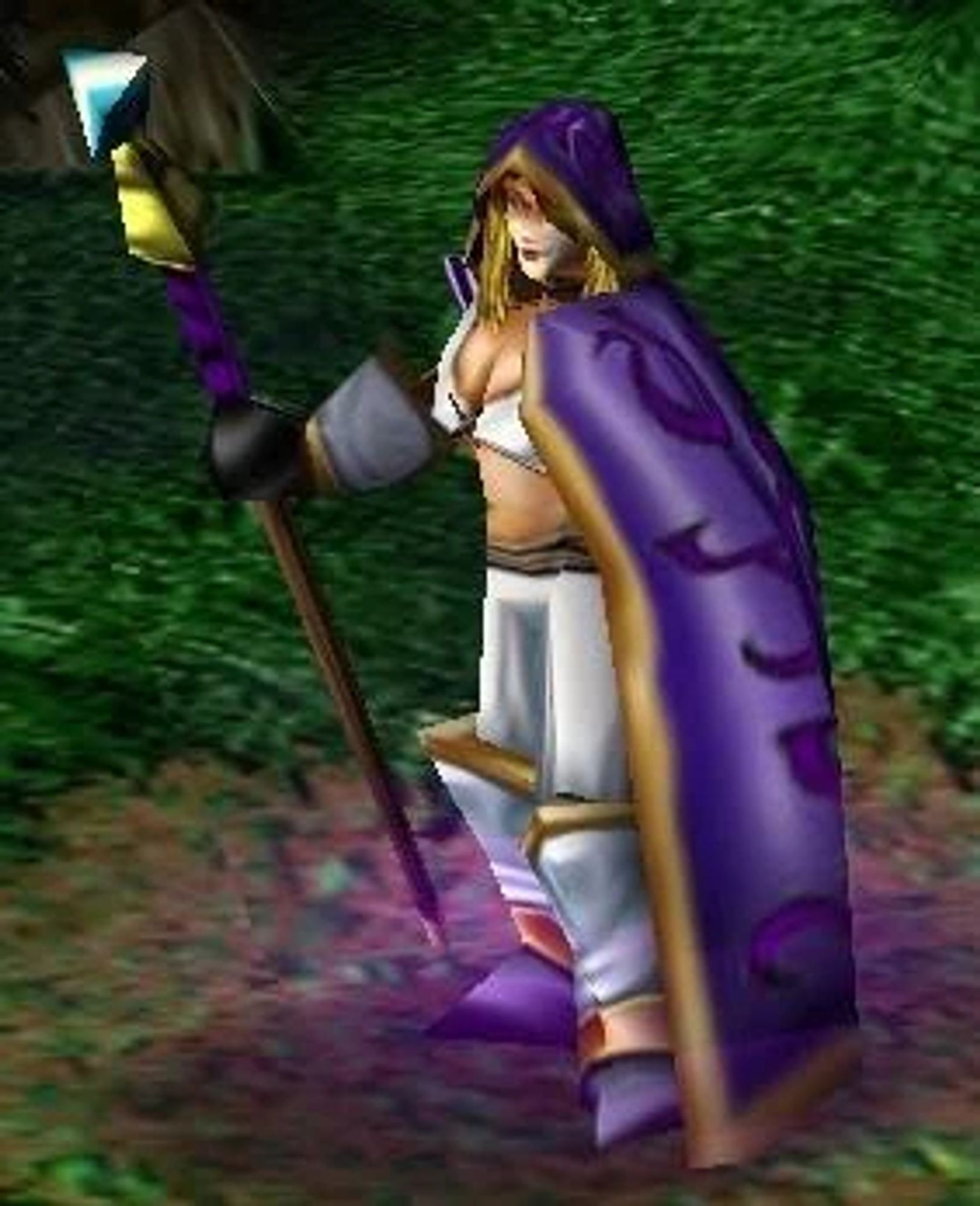 Jaina from Warcaft 3. A witch with white clothes and a purple cape, carrying a staff.