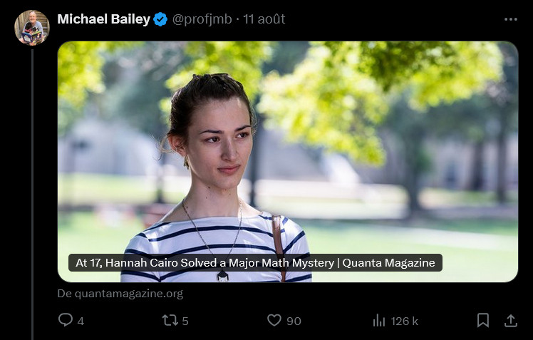 Same account, quoting an article titled "At 17, Hannah Cairo Solved a Major Math Mystery"