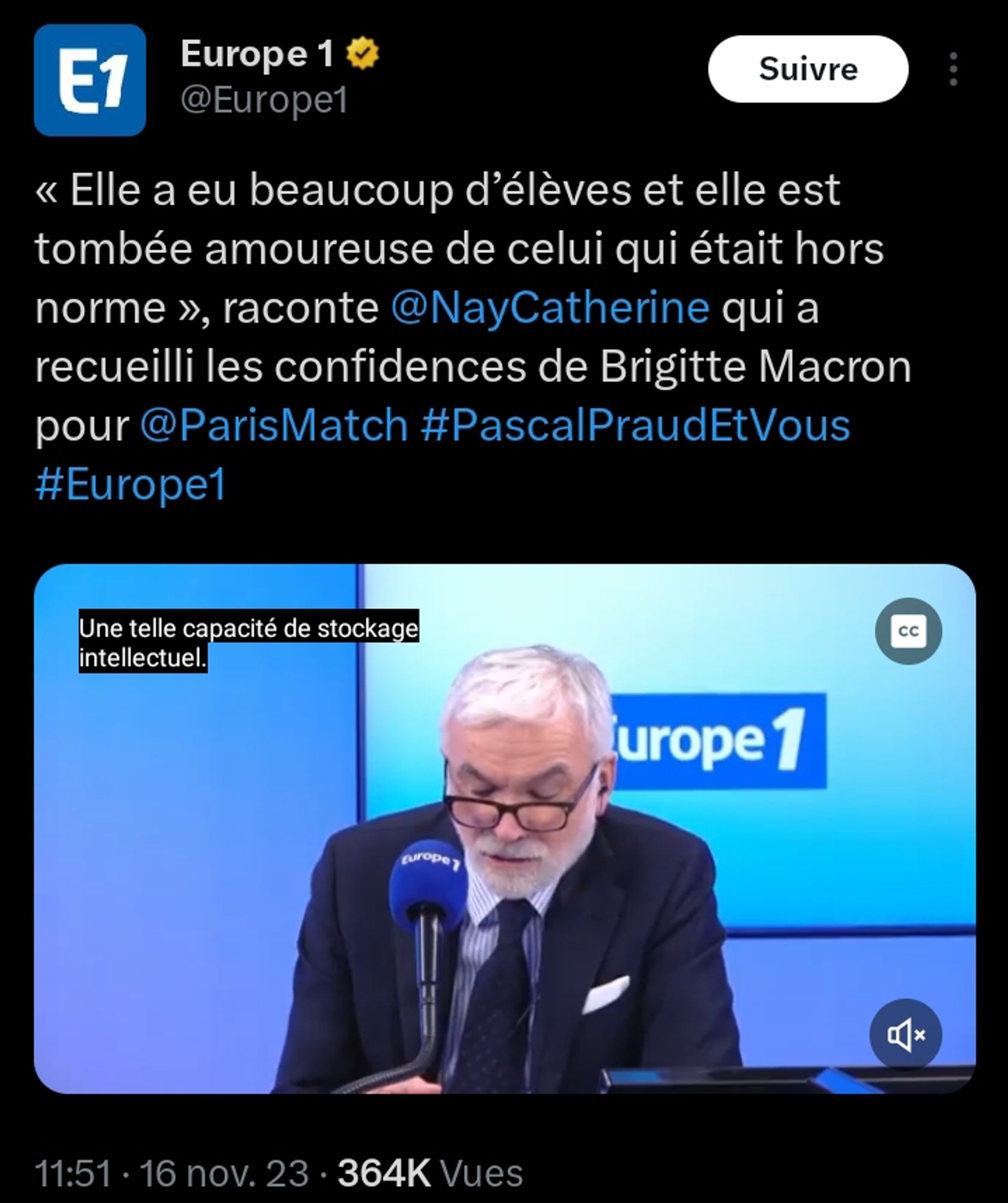 Twitter
Europe 1
« Elle a eu beaucoup d’élèves et elle est tombée amoureuse de celui qui était hors norme », raconte @NayCatherine qui a recueilli les confidences de Brigitte Macron pour @ParisMatch #PascalPraudEtVous #Europe1