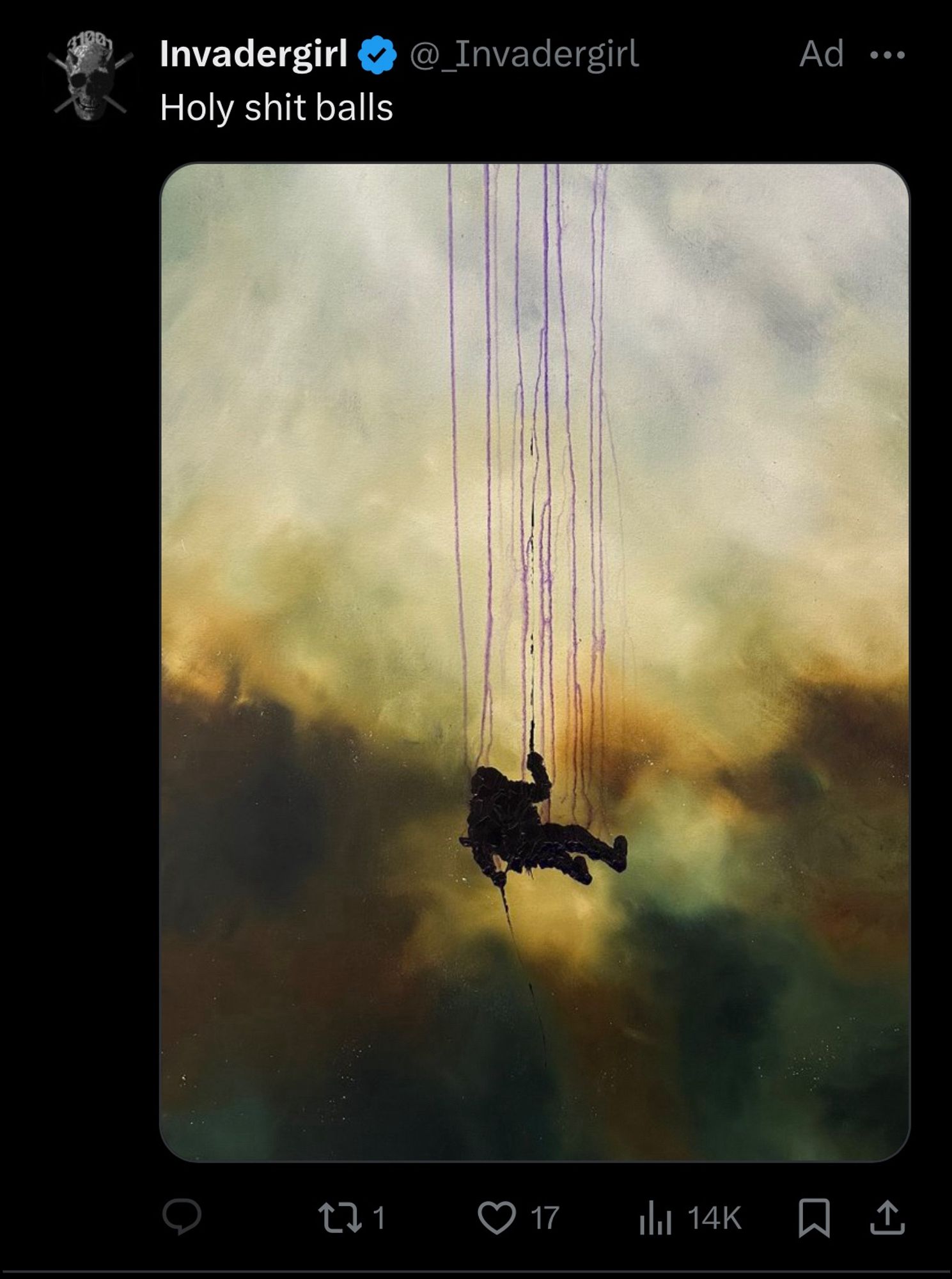 An ad from Twitter user @_Invadergirl with an image of a human figure silhouetted against a yellow cloudy sky. The figure, which seems to be some kind of soldier, appears to be rappelling down a rope that has been severed, and streaky lines of red or purple extend upward from the soldier to the top of the image. The text above the image reads "Holy shit balls."