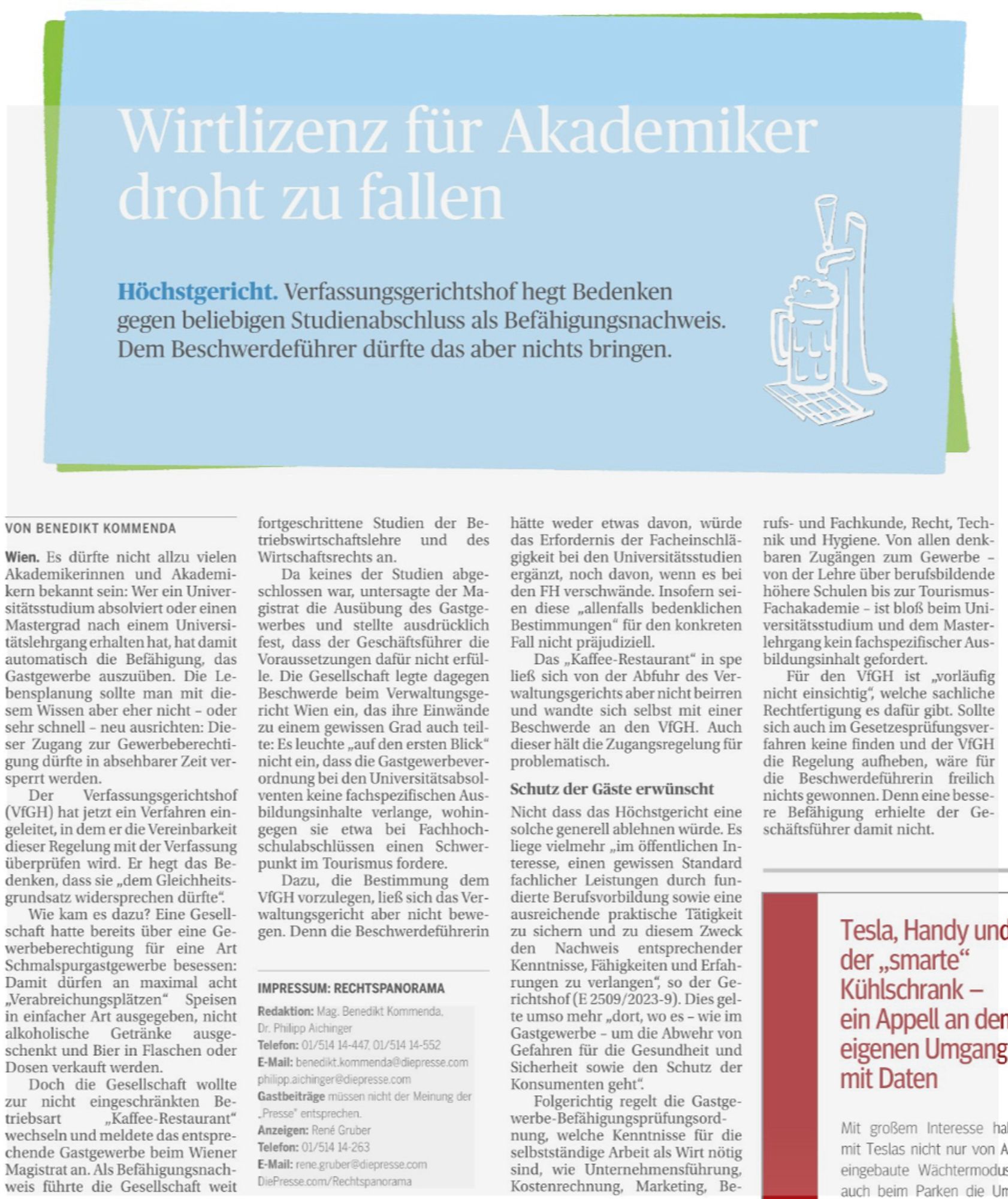 Artikel im Rechtspanorama der Tageszeitung „DiePresse“ 12.2.2024 Autor: Bennedikt Kommenda