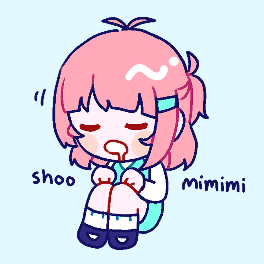 Pink-haired girl in casual clothes nodding off, with the text "shoo mimimi"