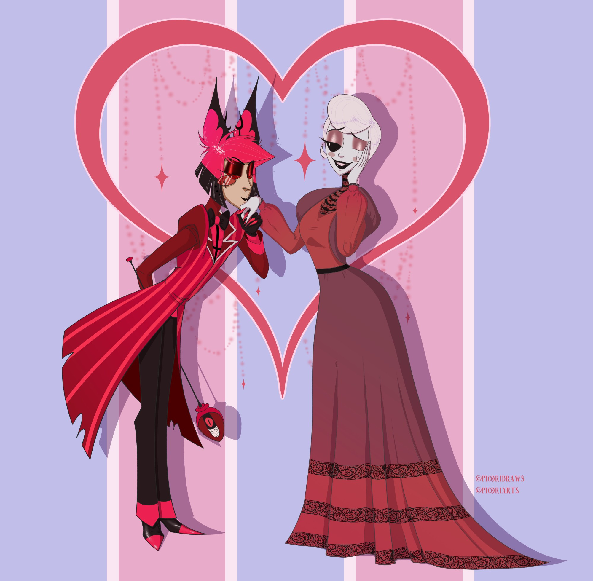 [Same as previous image description] A digital drawing of the characters Rosie and Alastor from Hazbin Hotel. Alastor is on the left, slightly bowing to Rosie and kissing her hand, and Rosie is on the right, her left hand (our right) cups her cheek as she blushes from the gesture. She is smiling with one half lidded eye and the other one closed. They both stand in front of purplish-blue, pink, and white alternating striped background, and a heart strung with beads and dangling stars.