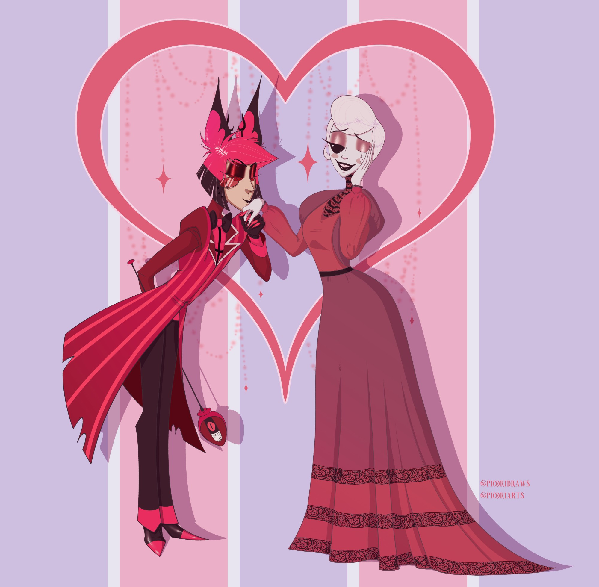 A digital drawing of the characters Rosie and Alastor from Hazbin Hotel. Alastor is on the left, slightly bowing to Rosie and kissing her hand, and Rosie is on the right, her left hand (our right) cups her cheek as she blushes from the gesture. She is smiling with one half lidded eye and the other one closed. They both stand in front of purplish-blue, pink, and white alternating striped background, and a heart strung with beads and dangling stars.