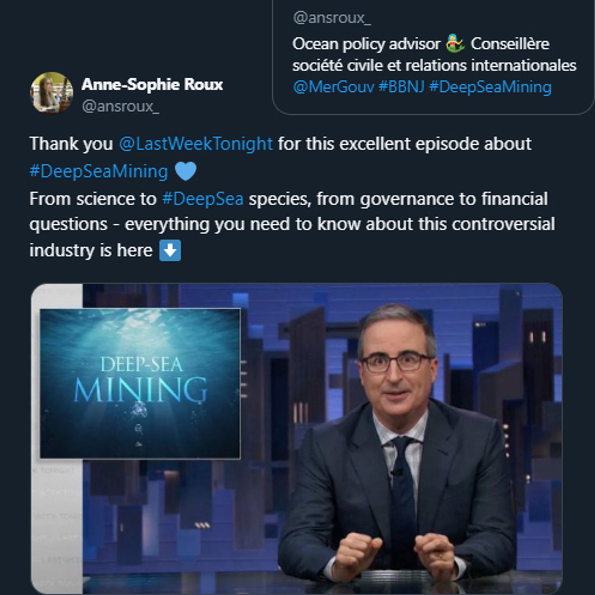 Thank you @LastWeekTonight for this excellent episode about #DeepSeaMining. From science to #DeepSea species, from governance to financial questions - everything you need to know about this controversial industry is here