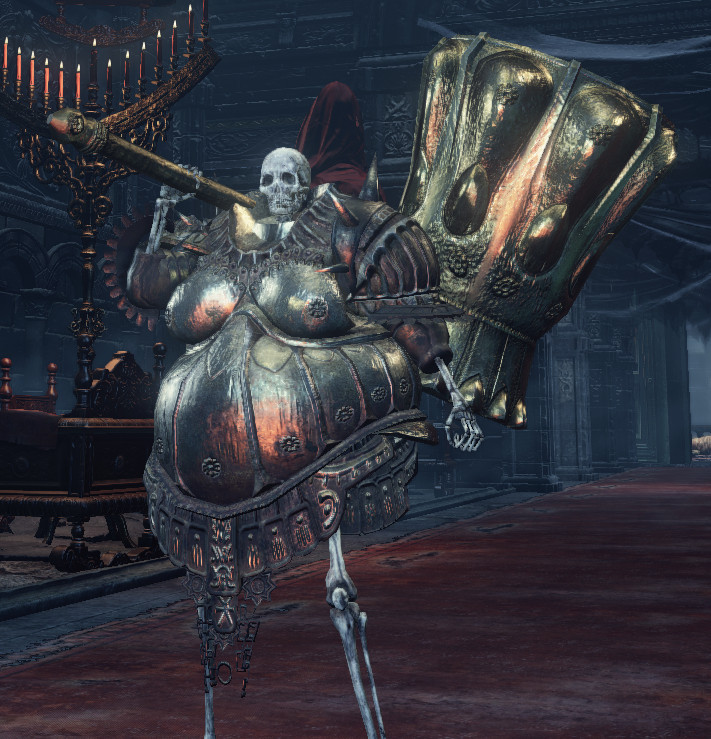 In-game image demonstrating skeleton wearing Smough's large armor and wielding his large hammer