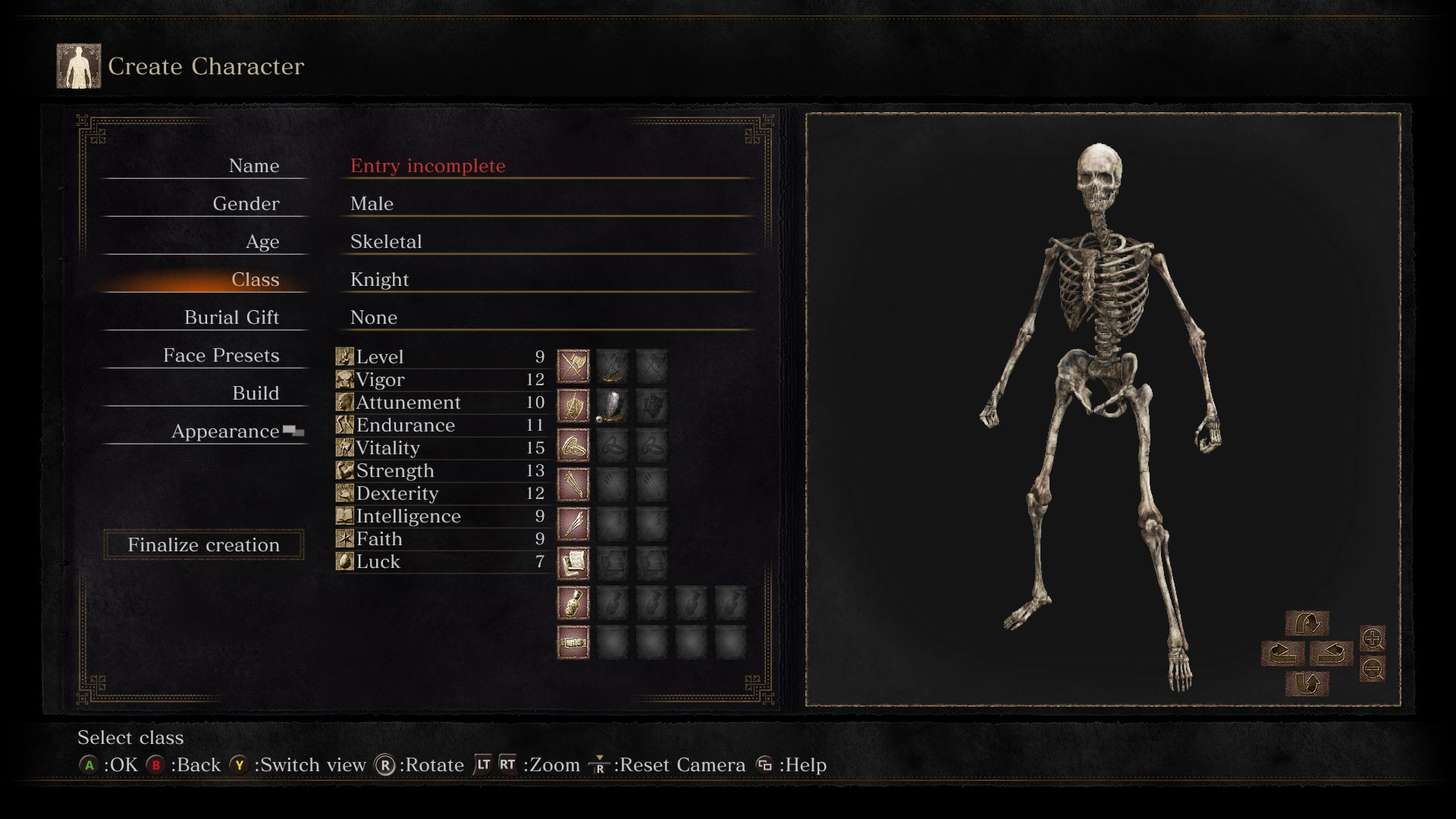 Base screen with skeleton option selected