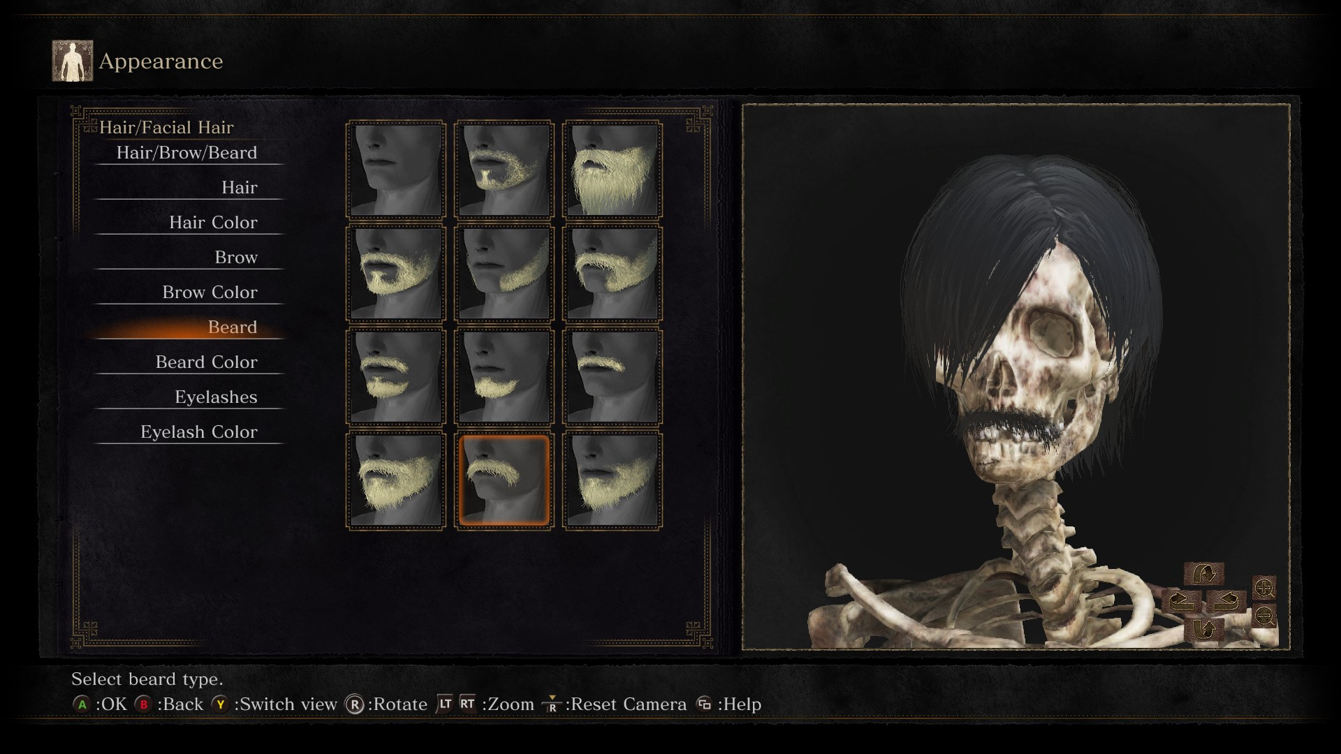 Beard selection screen demonstrating skeleton with hair