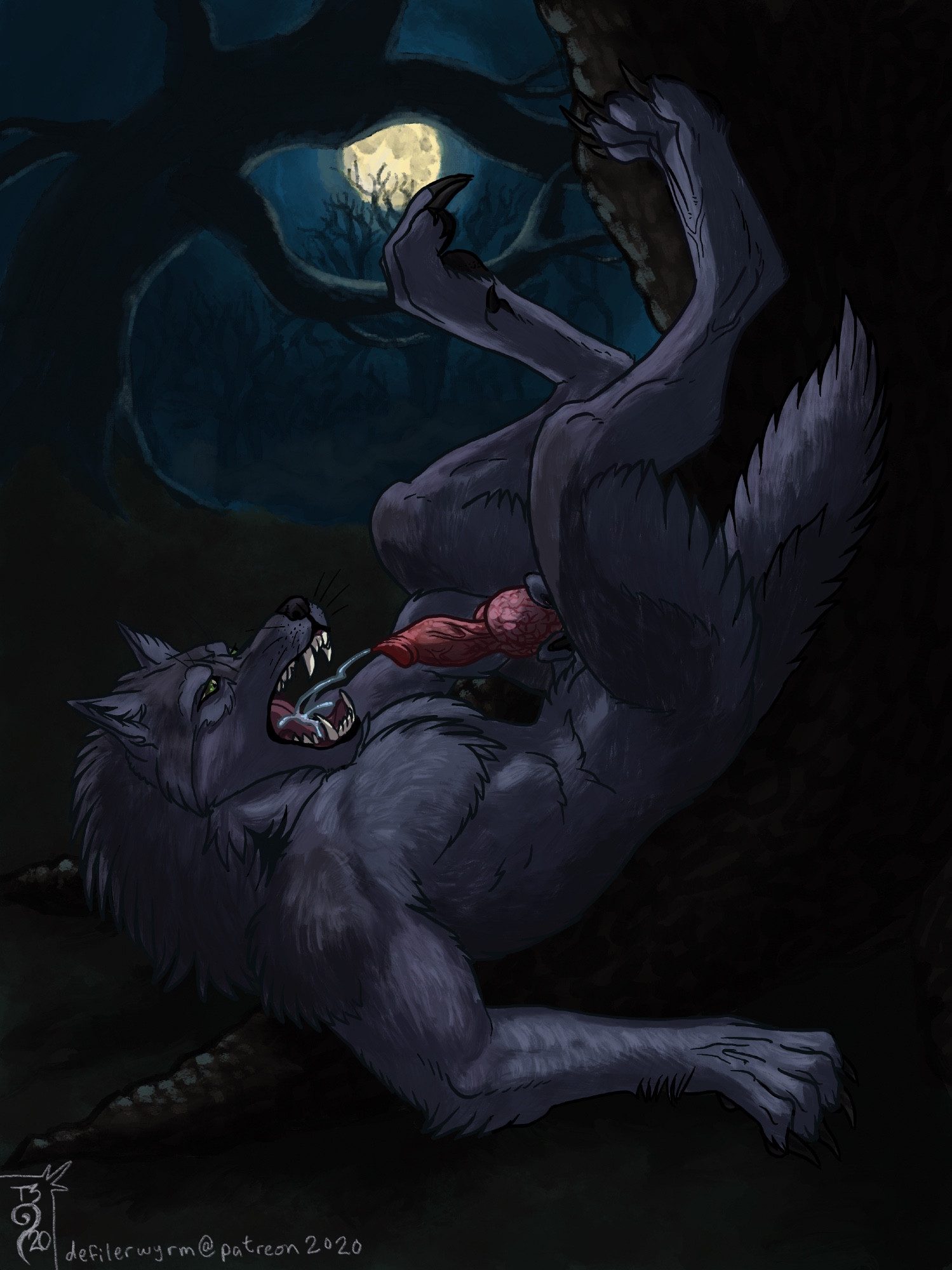 A digital painting of a black and grey werewolf in a dark, creepy forest lit by the full moon. He is lying upside-down against a tree, curled up to aim his erect, lupine cock’s shots of come into his own open mouth where it splashes against his tongue.