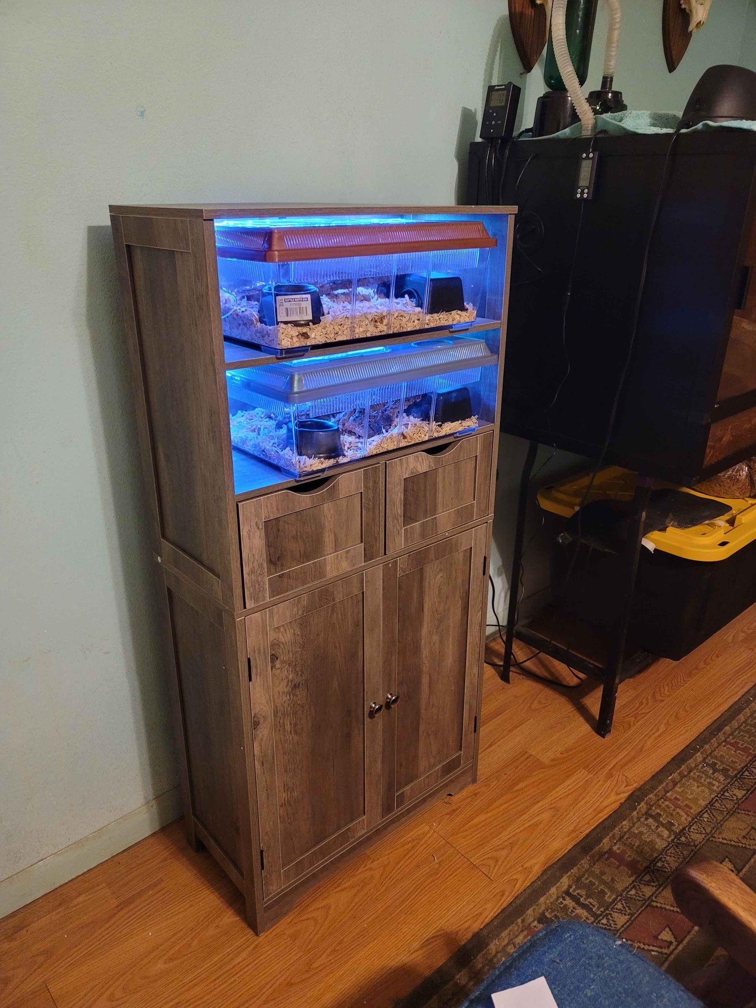 Photo of a grey-brown wooden cabinet. The top two shelves each have a large "critter keeper" type reptile tub set up for colubrid neonates and blue-white LED strip lighting. The third row down is a pair of drawers, and the bottom half has double doors. Not seen: the inner shelf in the bottom section. The cabinet is just shy of five feet tall by two feet wide by one foot deep. It stands against a robin's egg blue wall next to a 4 foot by 2 foot by 2 foot black PVC terrarium on a metal aquarium stand.