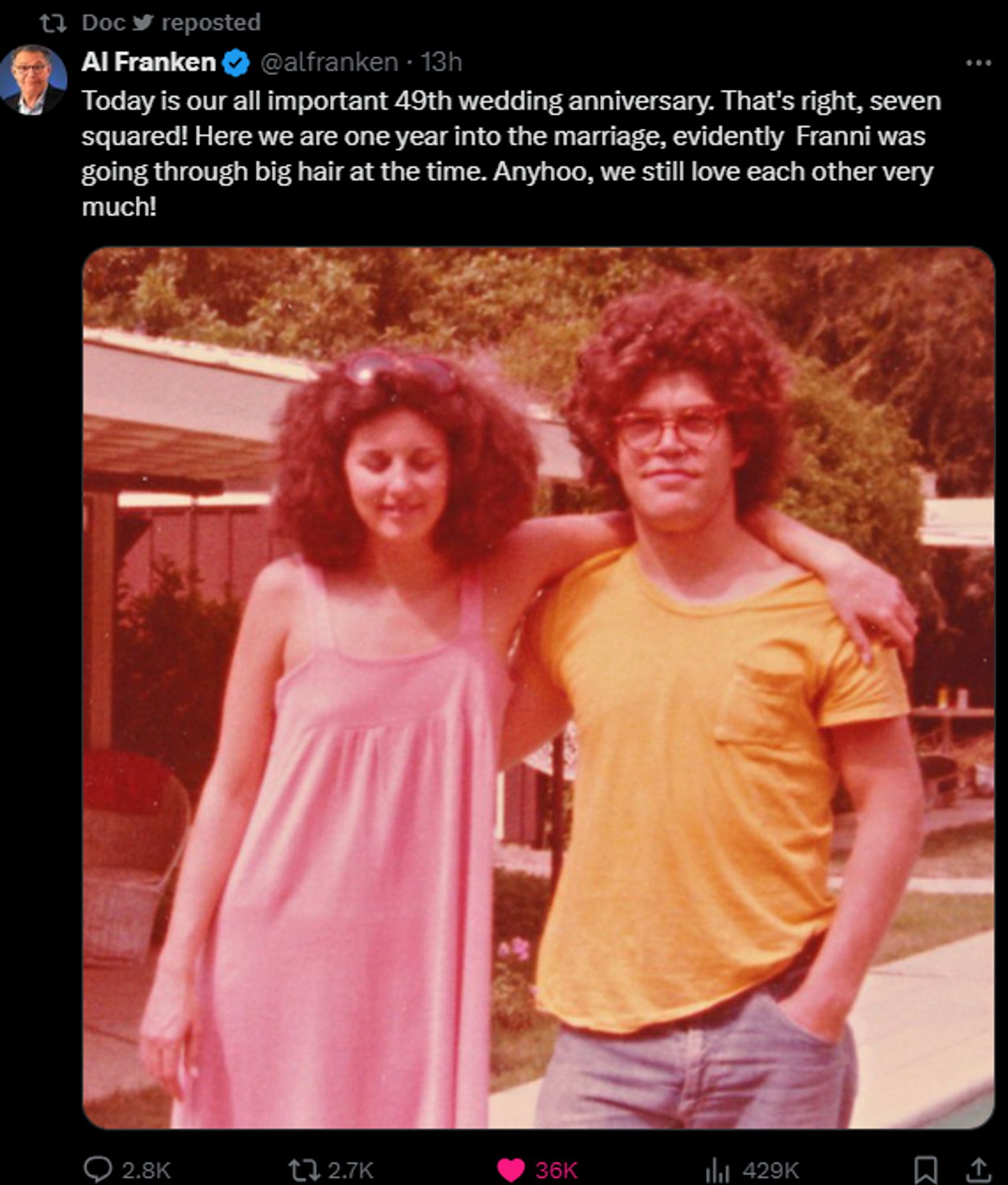 Happy Anniversary to former (GRRRRRR!!!) Senator Al Franken & his wife of 49 years, Franni!