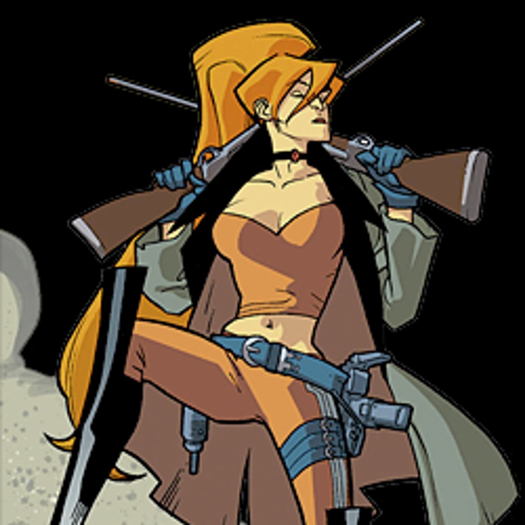 A red haired white woman dressed in tight cloths and an overcoat holds two guns crossed over her shoulders and various side arms.