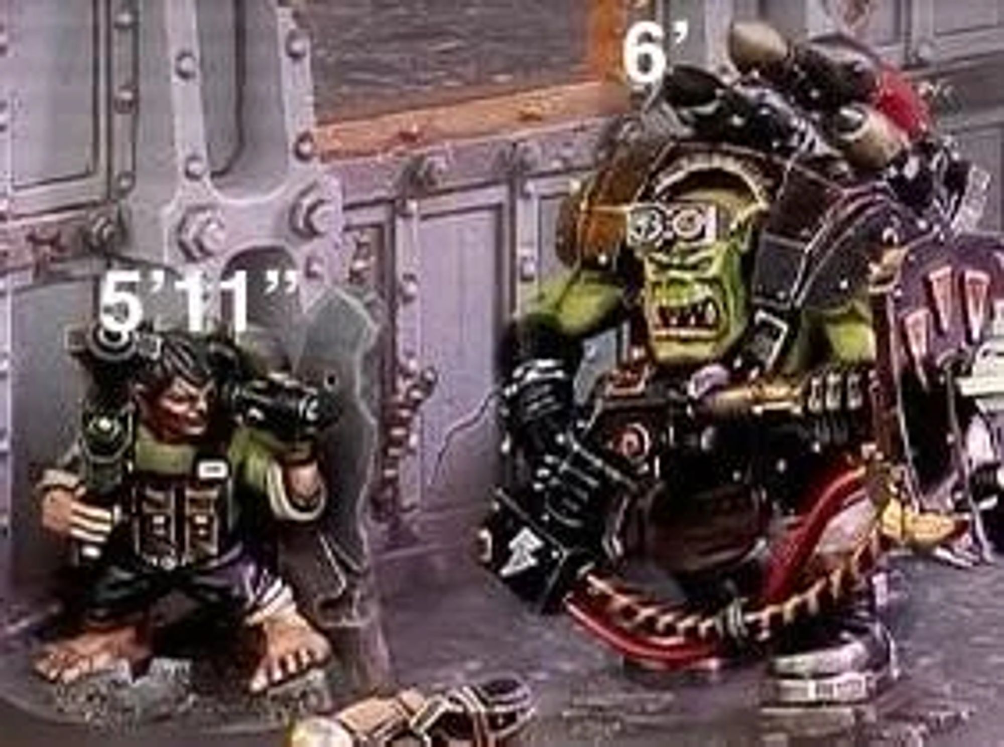 A ratling sniper mini is hiding behind a short wall is labeled 5 foot eleven. An ork in heavy armor carrying a large number of rockets and a two handed gun is labeled 6 foot. The joke is about how heights are perceived in online dating environments.