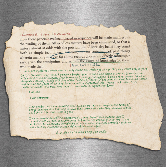 A scrap of paper on a metal table. The text is the opening paragraph of the novel "Dracula" by Bram Stoker, and has been hastily annotated in green ink.