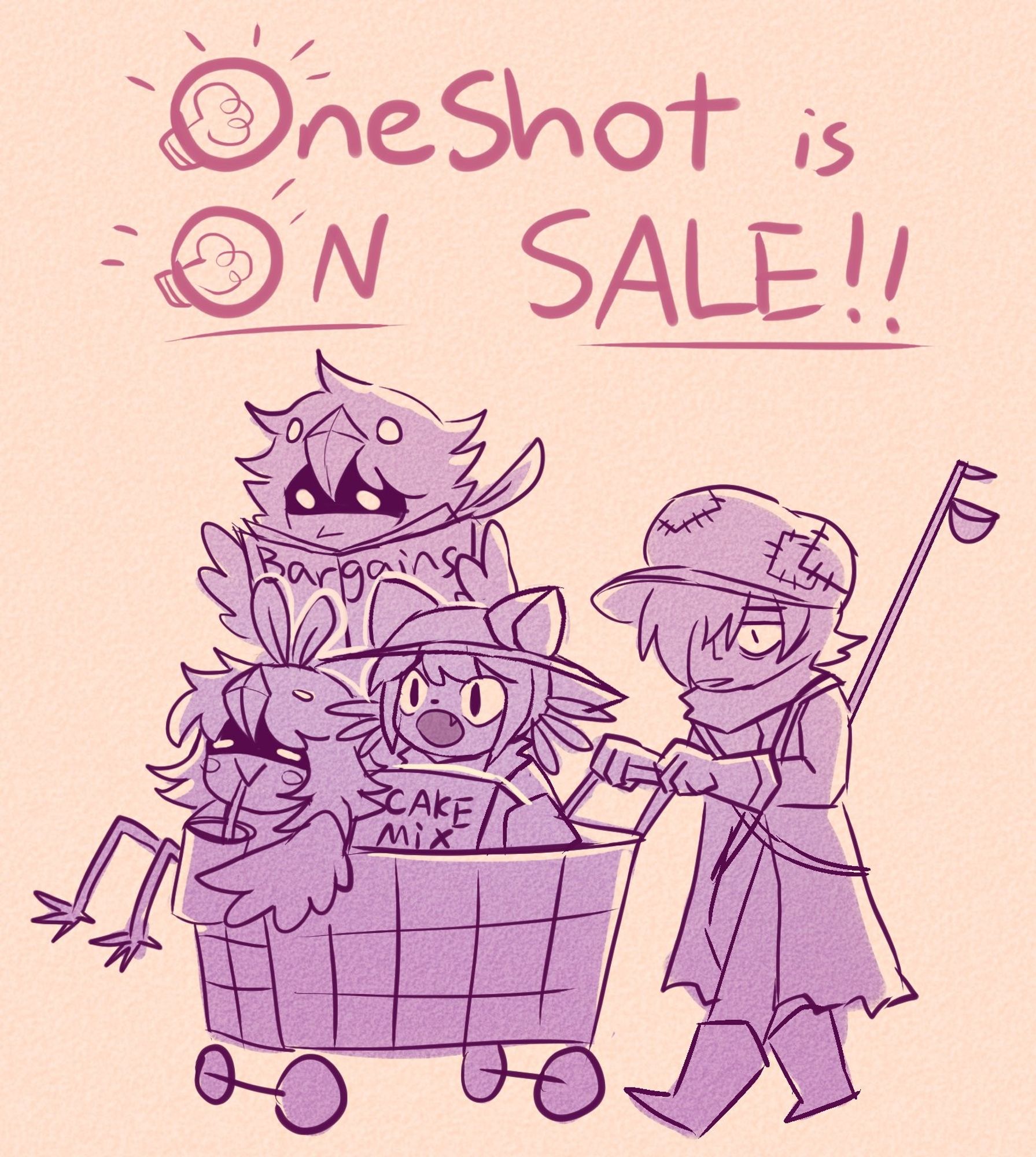 "OneShot is ON SALE!!" in text on top, lamplighter pushing a shopping cart with Niko, Alula, and Calamus in it on the bottom.