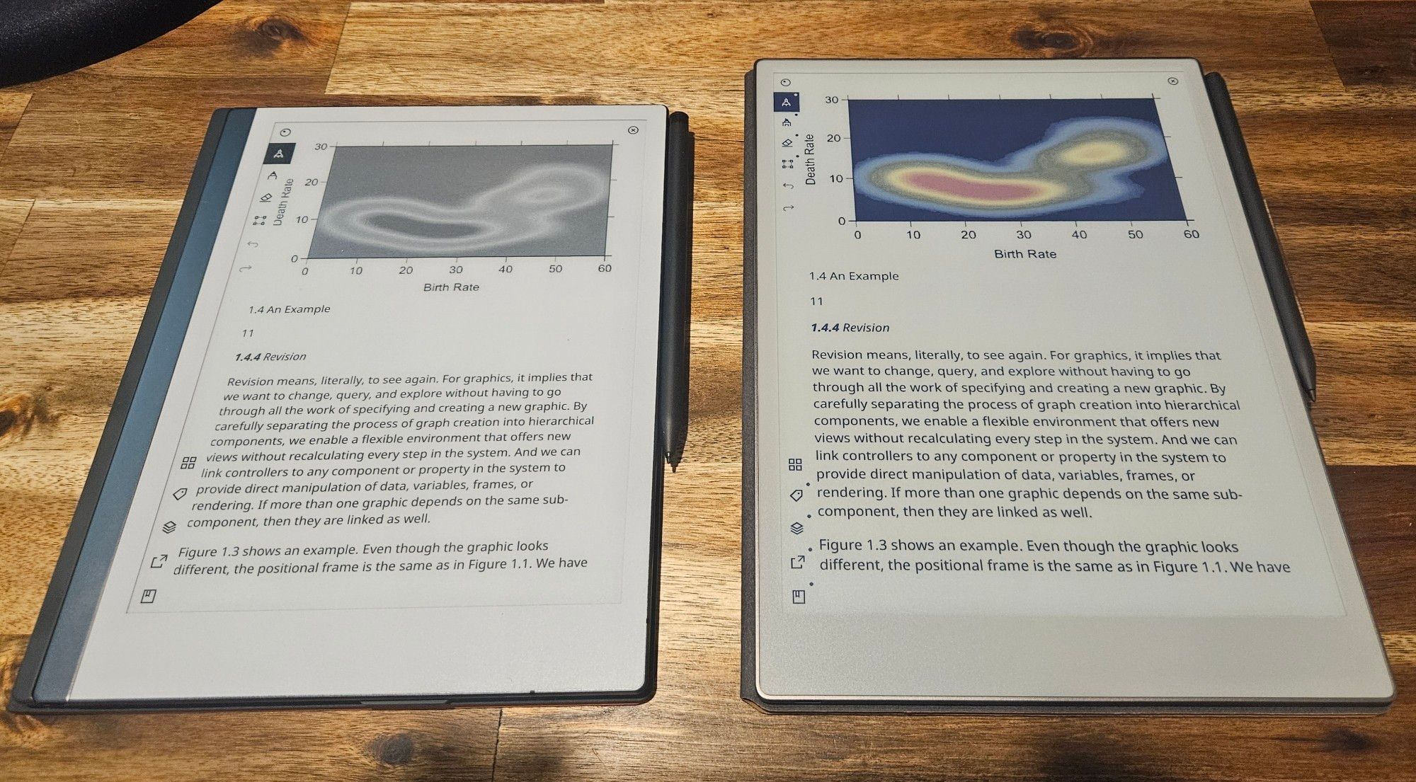 A photo showing a side by side comparison of the reMarkable 2 (left) and reMarkable Paper Pro (right)