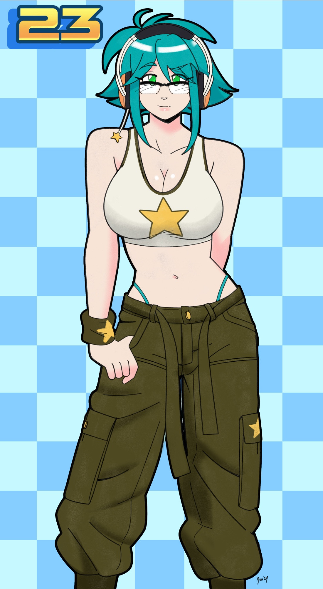 Renée, in a more casual tank top and cargo pants