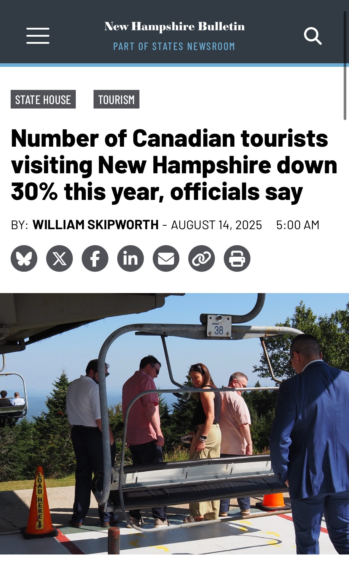 New Hampshire Bulletin clipping headline saying visitors from Canada down 30% 