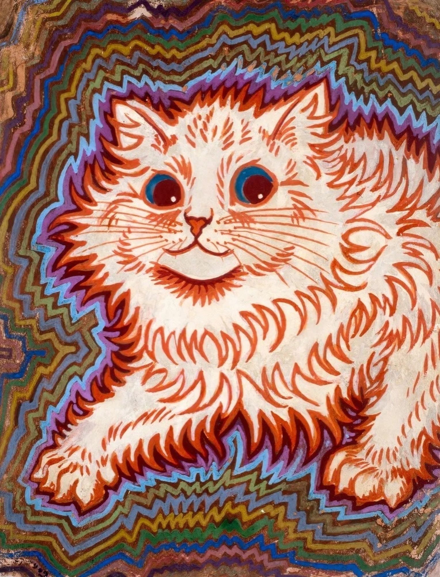 A Louis Wain cat drawing with a visual aura around it