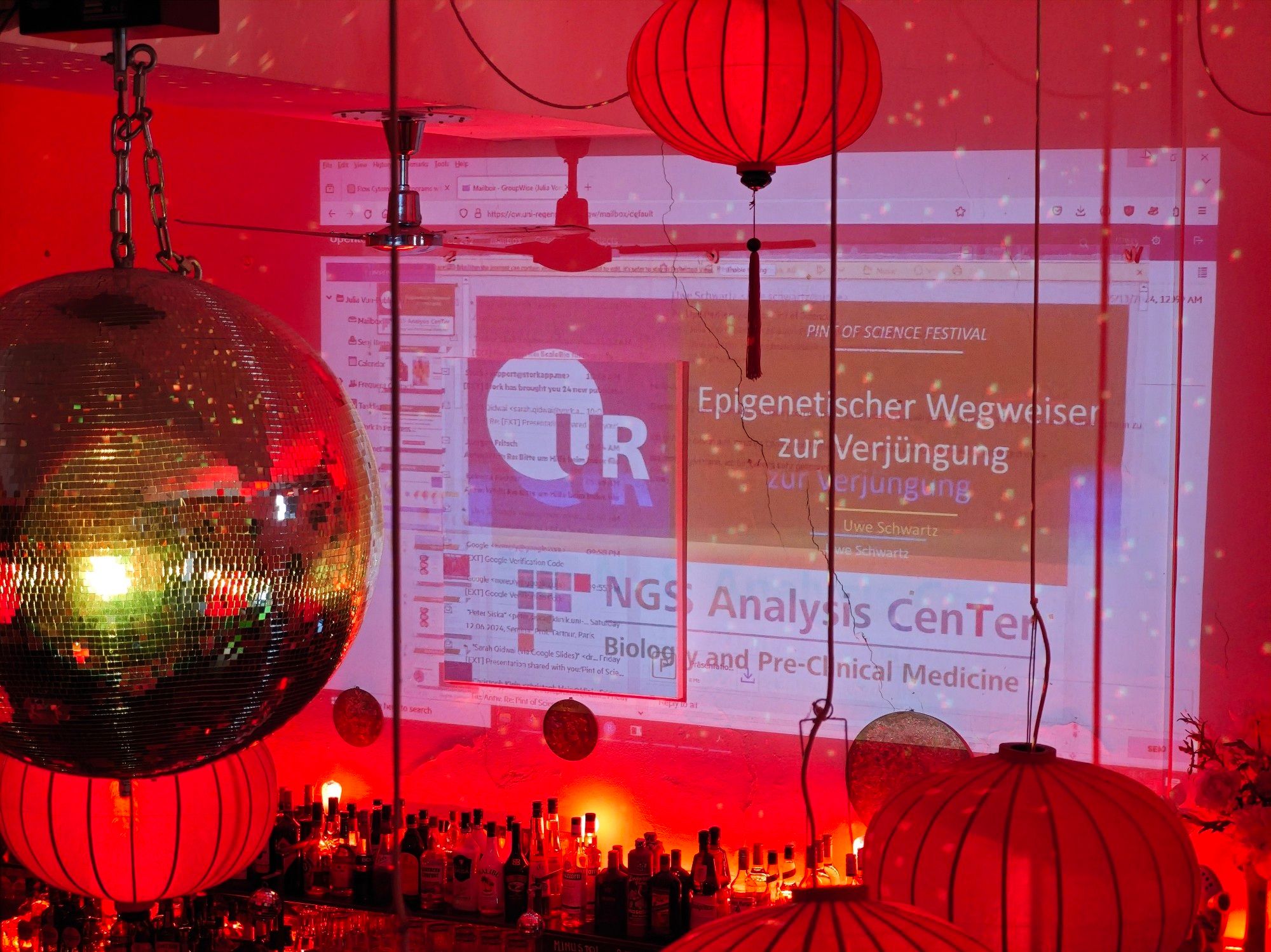 Mirror ball in a pub where a science talk is about to start