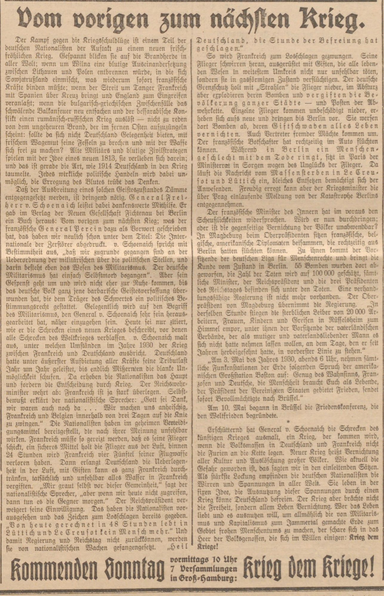 Historischer Zeitungsartikel in deutscher Sprache mit dem Titel "Vom vorherigen zum nächsten Krieg". Er diskutiert die geopolitischen Spannungen und Konflikte, an denen verschiedene Nationen beteiligt sind, und betont militärische Strategien und historische Ereignisse, die zu Kriegen führen.